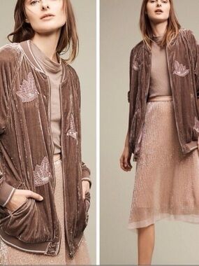 Anthropologie HEI HEI Bird Embroidered Velvet Bomber Mauve Jacket Size XL
